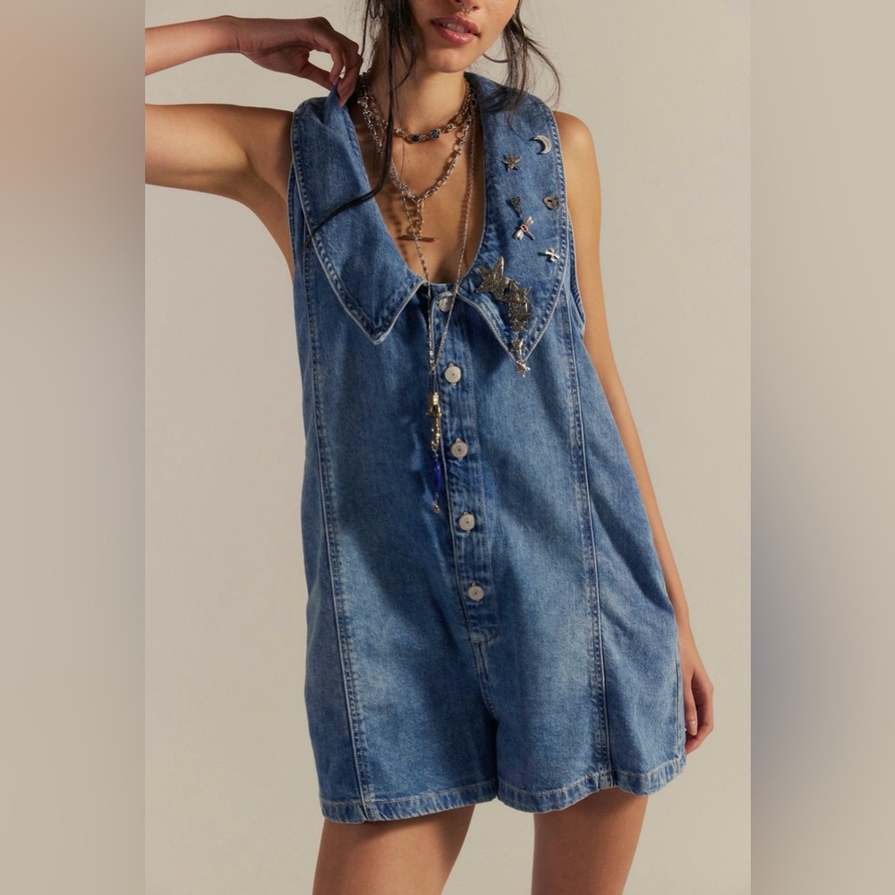 Free People Blue Denim Button-Front Romper with Embellished Collar